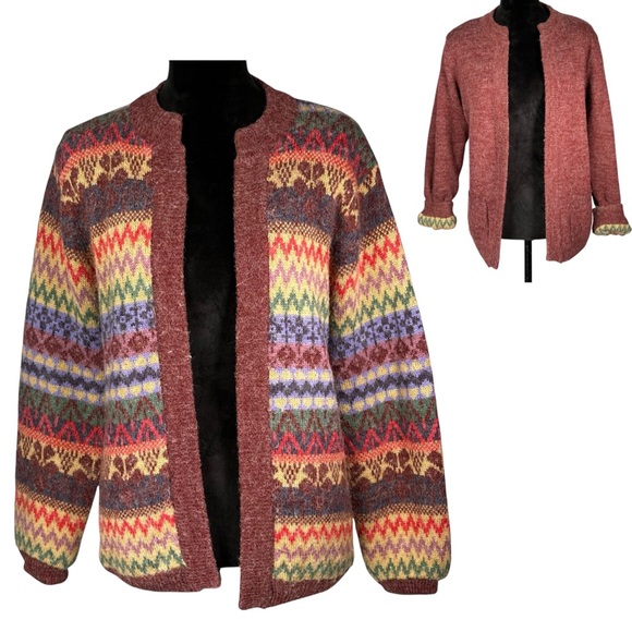 Cassandra Striped Reversible Cardigan Sweater Vintage Burgundy Thick Grandpa - Picture 1 of 16